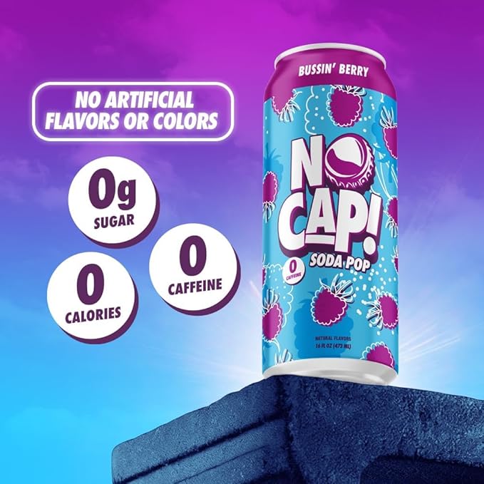 NO CAP! Next Gen Soda Pop with Zero Sugar Zero Calories and Electrolytes for Hydration Naturally Flavored Caffeine-Free Soda Vegan &amp Gluten-Free 16 oz Cans (Variety Pack)