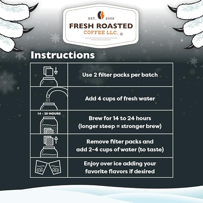 Fresh Roasted Coffee Organic Frostbite Cold Brew Coffee Filter Packs | Mold &amp Myco Tested USDA Organic Kosher | Medium Roast 12 Count 24 oz