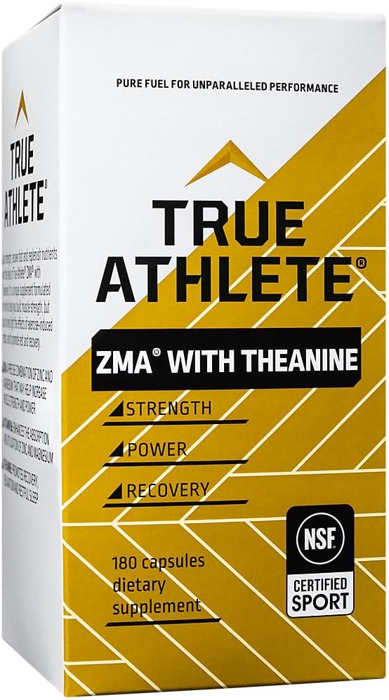 True Athlete ZMA + L Theanine Capsules Zinc Magnesium and Vitamin B6 Supplement for Active Men and Women Supports Recovery and Relaxation Gluten Free Sugar Free 180 Capsules