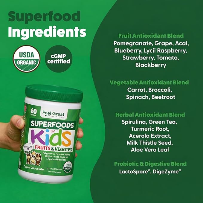 Feel Great USDA Organic Super Greens Powder for Kids - Cocao Chocolate | Fruit &amp Veggie Supplement | Superfood Powder with Probiotics &amp Digestive Enzymes for Digestive Health | 60 Days Supply