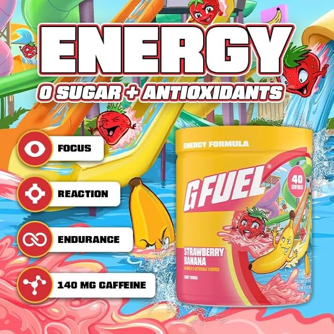 G Fuel Strawberry Banana Energy Drink Powder Pre Workout Caffeine Mix for Gaming Sugar Free Focus Amino Vitamin + Antioxidants 9.8oz (Strawberry Banana 40 Servings)