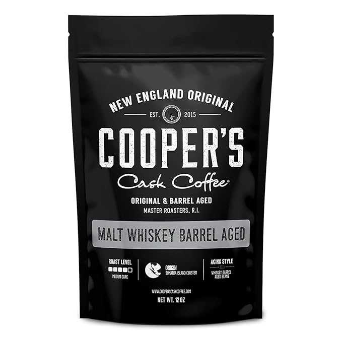Whiskey Barrel Aged Coffee Single-Origin Sumatra Beans Aged in American Malt Whiskey Barrels Medium Dark Roast Whole Bean 12 oz