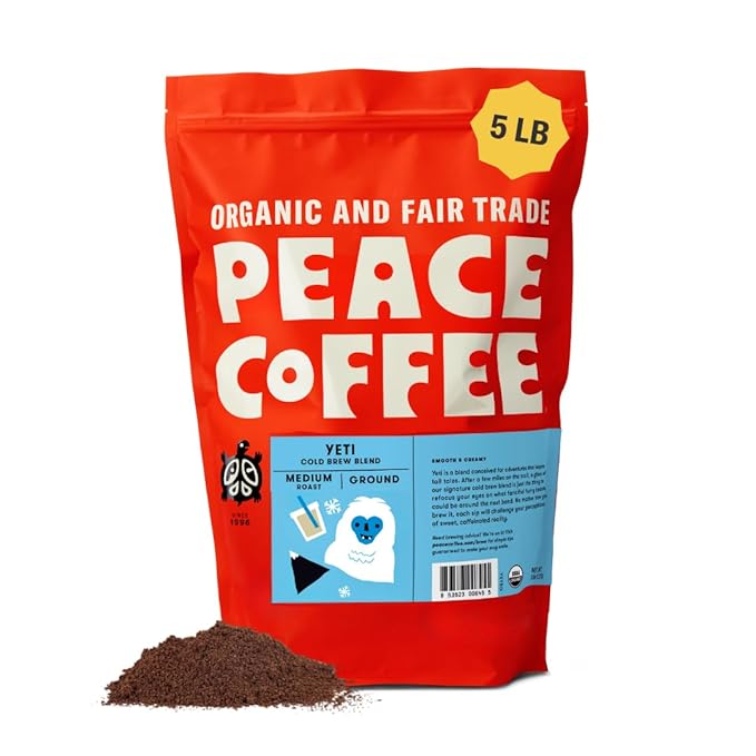 Peace Coffee Yeti Cold Brew Blend Ground Medium Roast Coffee 5 lb Organic Fair Trade Smooth Refreshing Flavor Shade Grown Fresh Roasted