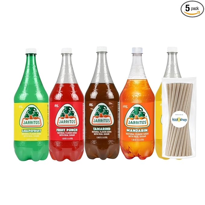 Jarritos Variety Collection Mexican Soft Soda Drink Flavors May Vary 1.5 Lt Plastic Bottles 5-Pack + 15 Sugarcane Disposable Straws by KOOL8SHOP Infinite Deals