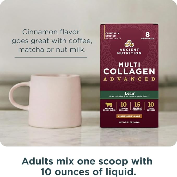 Ancient Nutrition Advanced Hydrolyzed Collagen Peptides Powder Protein Lean with Probiotics and Vitamin C Cinnamon for Women &amp Men Supports Healthy Weight Management &amp Muscle Building 8 Pa