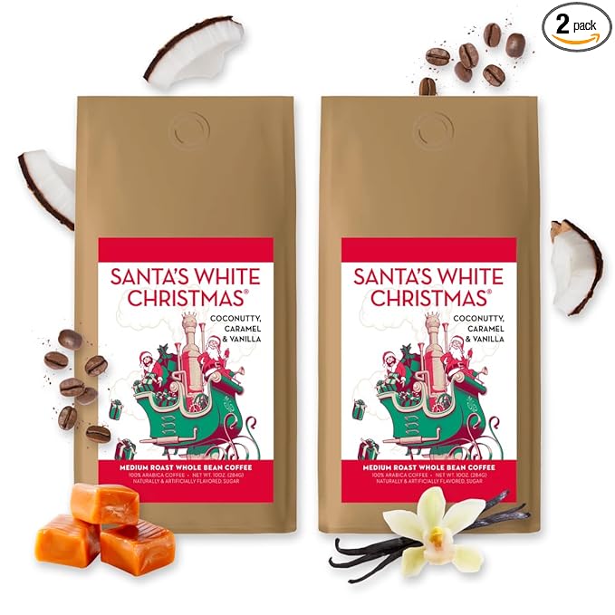BARNIE'S COFFEE TEA CO. Santa's White Christmas Whole Bean Coffee with Smooth Coconut Caramel and Warm Vanilla Flavors Medium Roasted Arabica Coffee Beans 10 oz Bag (Pack of 2)