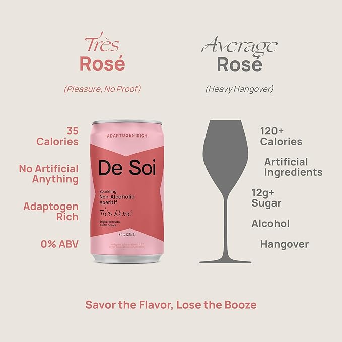 De Soi Très Rosé 12-Pack – Sparkling Non-Alcoholic Rosé-Inspired Drink with Adaptogens L-Theanine Lion’s Mane &amp Reishi Mushroom Elegant Mocktail &amp Alcohol Alternative