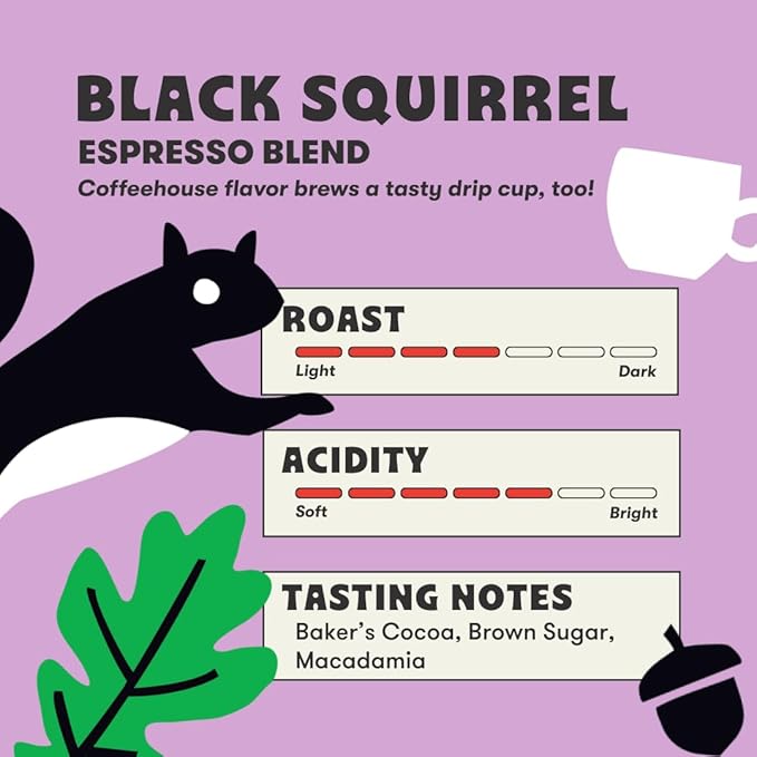 Peace Coffee Black Squirrel Espresso Blend Medium Roast Whole Bean Coffee 12 oz Pack of 3 Organic Fair Trade Smooth Classic Flavor Shade Grown Fresh Roasted