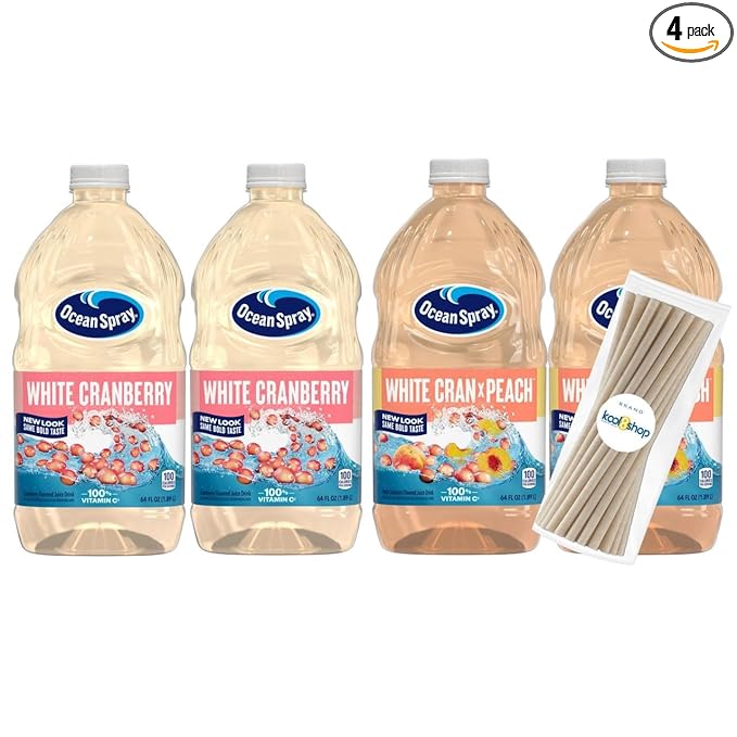 Ocean Spray White Cran Peach and White Cranberry Juice Drink 64 fl oz Plastic Bottles 4 Pack + 15 Sugarcane Disposable Straws by KOOL8SHOP Infinite Deals