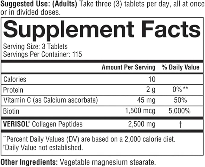 Youtheory Concentrated Effect Collagen with Verisol - Collagen Peptides with Vitamins C &amp B - Supports Hair Nails Bones &amp Joints - 345 Tablets (115-Day Supply)