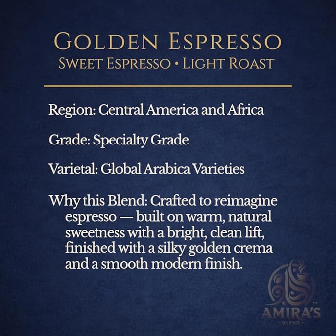 Amira’s Blend Golden Espresso – Light Roast Sweet Espresso Blend Specialty Grade Freshly Roasted Always – Espresso Reimagined (Whole Bean 12oz)