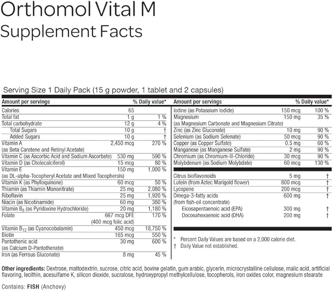 Orthomol Vital M Powder &amp Tablet Packet for Men 30-Day Vitamin Supplement – Daily Energy Fatigue Reduction &amp Vitality Support with Vitamins A B C D E K Omega-3 &amp Iodine