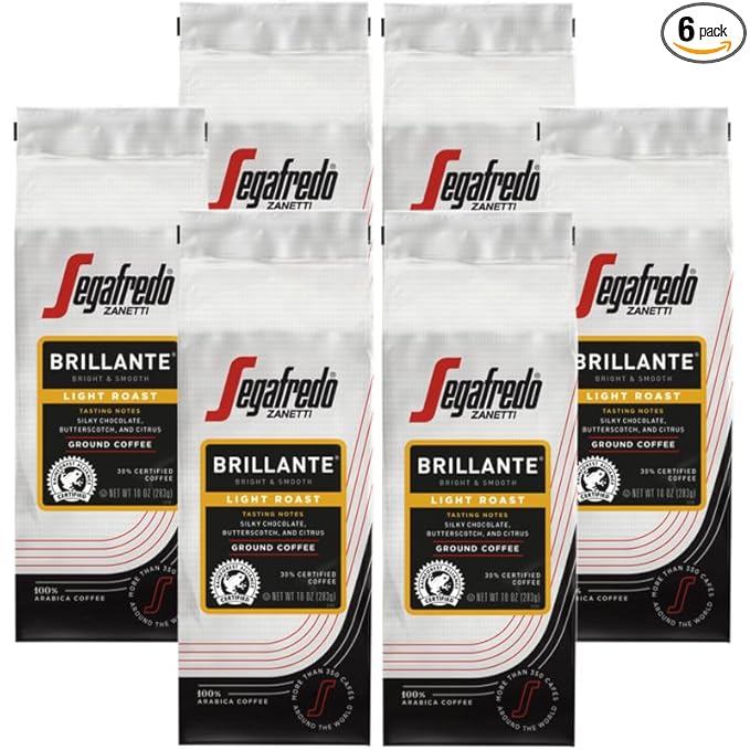 Segafredo Zanetti Ground Coffee – Made with Arabica Coffee – Light Roast Smooth with Floral Notes – Blend of Colombian and Sumatran Arabicas – Bright Medium-Bodied – Brillante 10oz Bag Pack of 6