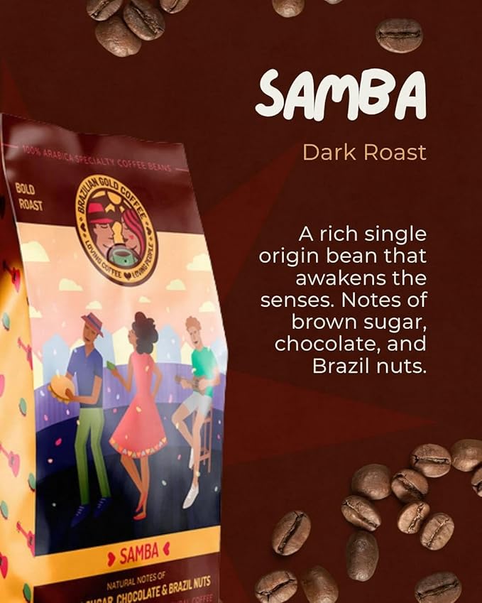 Brazilian Gold Coffee Samba Gourmet Brown Sugar Chocolate &amp Brazil Nuts Low Acidity 100% Arabica Coffee Bold Roast Ground 12 oz