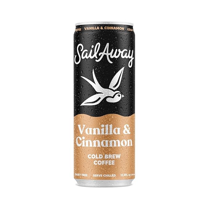 Sail Away Coffee Nitro Cold Brew Coffee Cans - Less Acidic Coffee Beverages | Draft Nitrogen Pour 220mg Caffeine Gluten Free Organic Vanilla Cinnamon 24 Pack