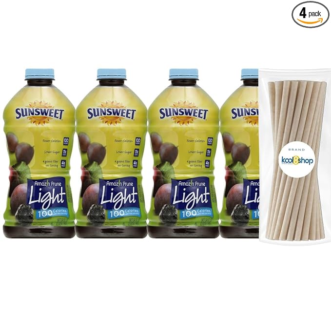 Sunsweet Amazin Prune Light Juice 64 fl oz Plastic Bottles 4 Pack + 15 Sugarcane Disposable Straws by KOOL8SHOP Infinite Deals
