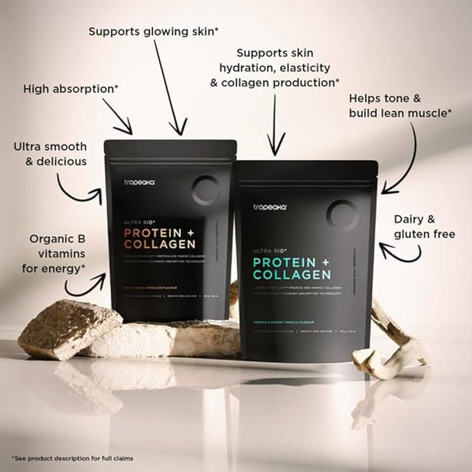 Tropeaka Collagen Protein Powder for Smoothies &amp Shakes - Double Chocolate - Clean Protein &amp Marine Collagen Peptides for Skin Hair &amp Nails Dairy Free Gluten Free Non-GMO 18oz (17 Ser