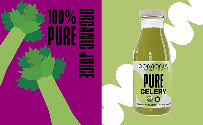 Pomona Organic Juices Pure Celery Juice 8.4 Ounce Bottle (Pack of 12) Cold Pressed Organic Juice Non-GMO No Sugar Added Not from Concentrate Gluten Free Kosher Certified Preservative Free