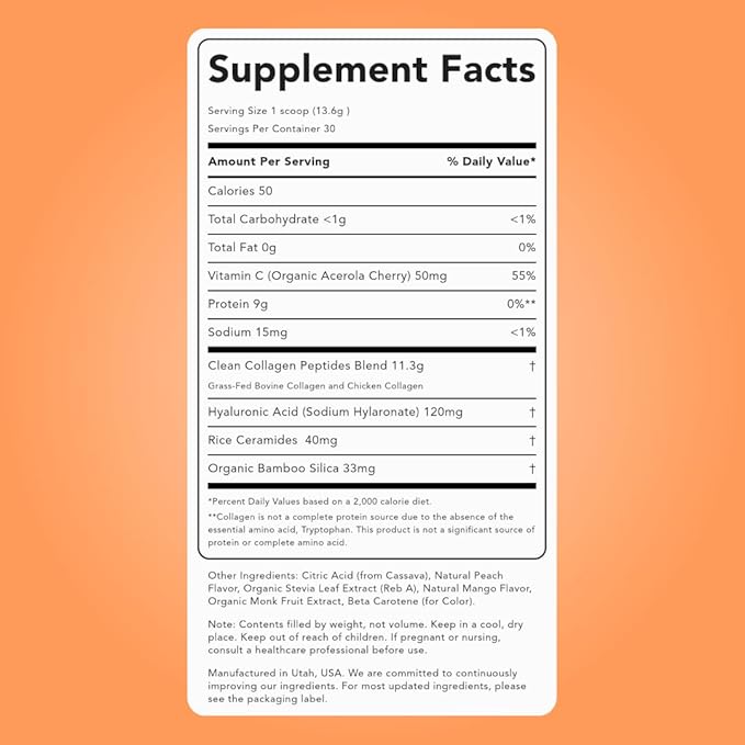 Clean Simple Eats Collagen Powder + Beauty Blend Peach Mango 11G Hydrolyzed Collagen Peptides from Grass Fed Bovine &amp Chicken Hyaluronic Acid for Hair Skin Nail &amp Joint Support 30 Servin