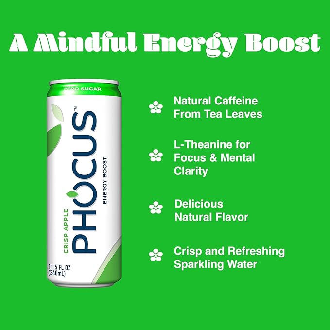 PHOCUS Caffeinated Sparkling Water Crisp Apple 75mg Natural Caffeine Plus L-Theanine Zero Sugar Zero Calories No Artificial Sweeteners 11.5 fl oz Cans (Pack of 12)