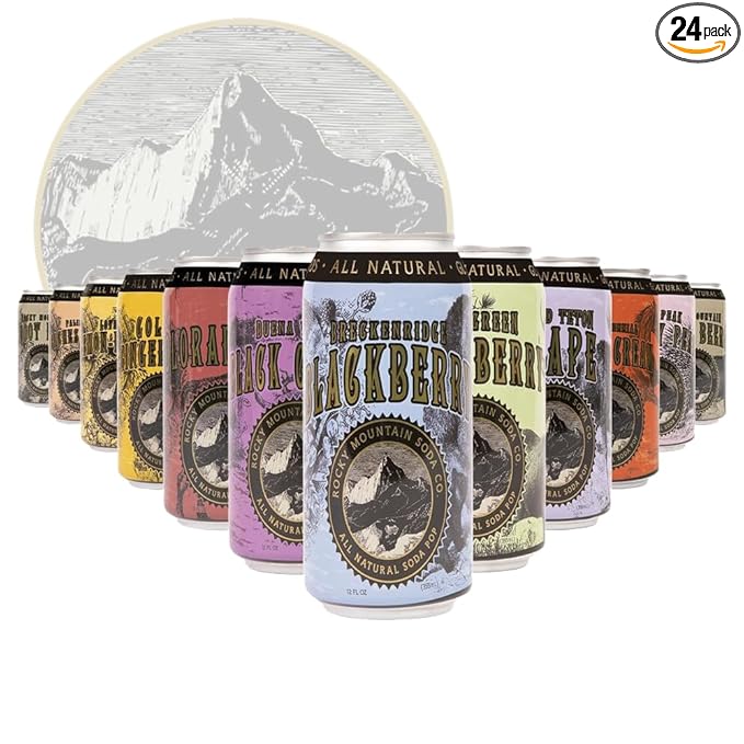 Rocky Mountain Soda 24‑Pack 12 Fl Oz Cans Small‑Batch Craft Soda Pop Gluten‑Free Vegan Organic Cane Sugar No Preservatives No Added Sodium 12 Flavors Variety Pack Soda Pop