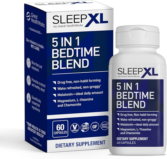 SleepXL Sleep Supplement Non-Habit-Forming Formula - Fall Asleep Faster &amp Sleep Longer - 5 key ingredients include Melatonin L-Theanine Chamomile Magnesium &amp Vitamin B6 (60 Capsules 30 Ser