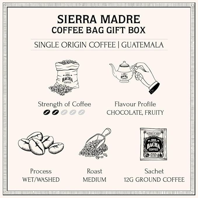 Bacha Coffee | Sierra Madre Guatemala Single Origin Medium Roast 100% Arabica Specialty Coffee 12 Coffee Drip Bags Gift Box
