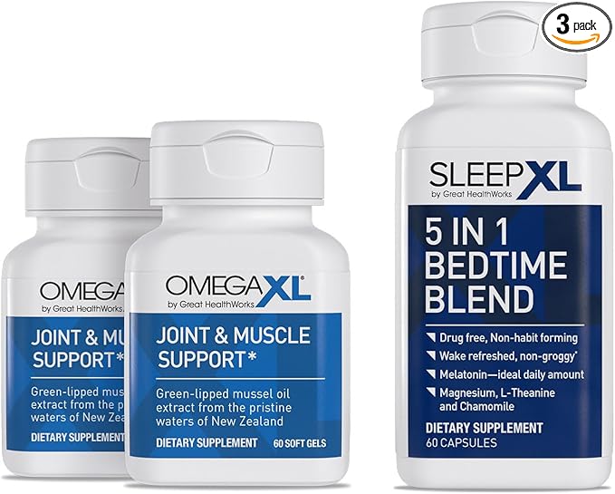 OmegaXL Joint Relief Supplement - Natural Muscle Support 60 Softgels (2 Pack) &amp SleepXL immediate-Release melatonin L-Theanine (Calming) Chamomile Magnesium &amp B6 (60 Vegan Capsules)