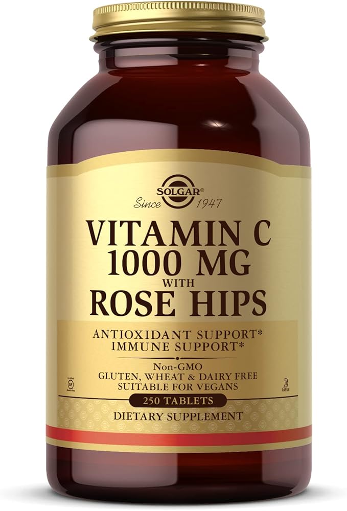 Solgar Vitamin C 1000 mg with Rose HIPS 250 Tablets - Antioxidant &amp Immune Support - Overall Health - Supports Healthy Skin &amp Joints - Non-GMO Vegan and Kosher - 250 Servings