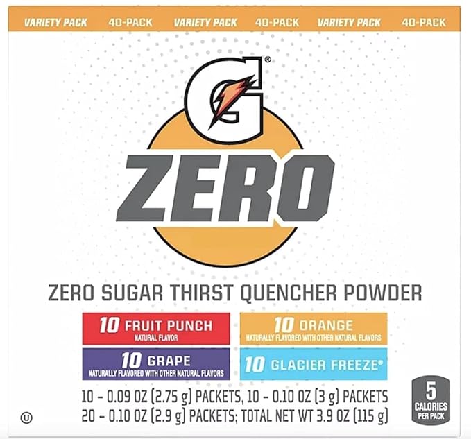 G Zero Sugar Thirst Quencher Powder (Pack Of 40) 10 Flavors Of Each (Fruit Punch Orange Grape &amp Glacier Freeze) +SHIPPING IN BOX