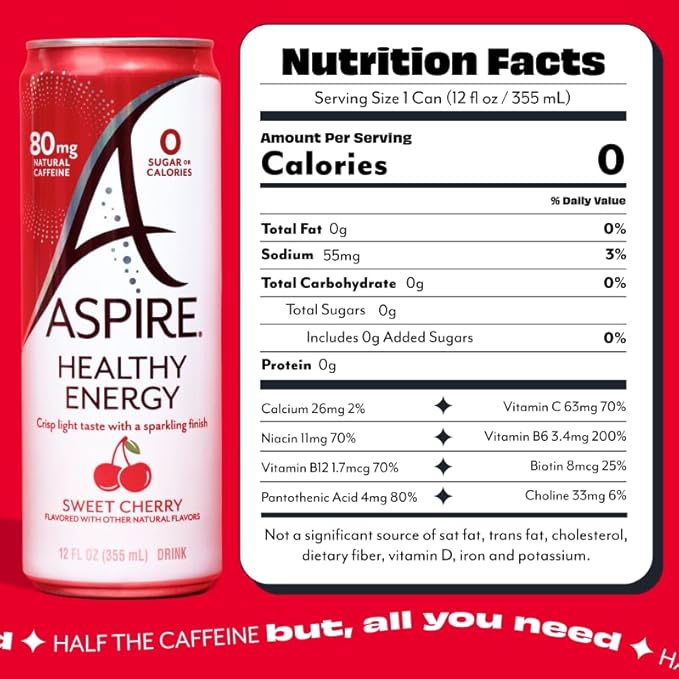 ASPIRE® Sweet Cherry Healthy Energy Drink 80mg Natural Caffeine Zero Sugar No Carbs Keto Friendly 12 Pack Green Tea Sugar Free Drink Low Caffeine Zero Calorie
