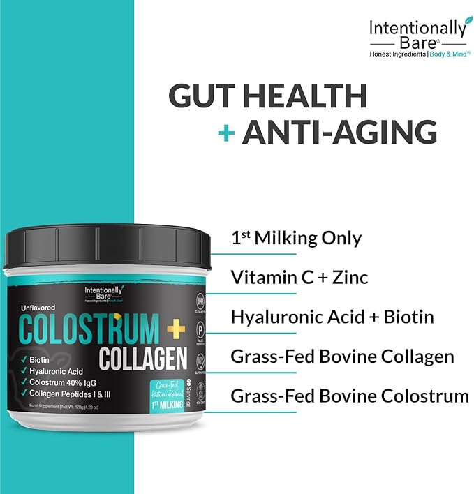 Intentionally Bare Colostrum and Collagen Powder - Bovine Colostrum Powder for Gut Health Immunity Hair Skin and Nails - Unflavored Collagen Supplement with Biotin &amp Hyaluronic Acid - 60 Servin
