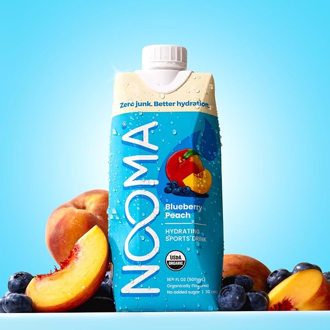 NOOMA - Hydrating Sports Drink - Electrolyte Drink with Organic Coconut Water - Organic &amp No Added Sugars - Rapid Hydration - 30 Calories &amp 505mg Electrolytes - Blueberry Peach - 12 Pack (16.9