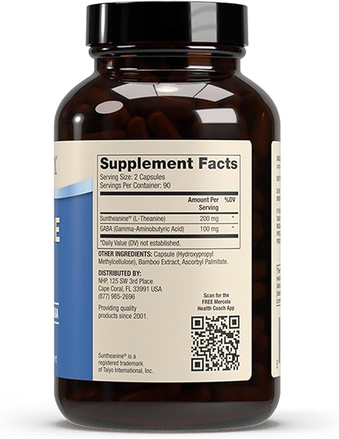Dr. Mercola L-Theanine Plus GABA - 200 mg of L-Theanine and 100 mg of GABA (Gamma-Aminobutyric Acid) per Serving - 180 Capsules (90 Servings)