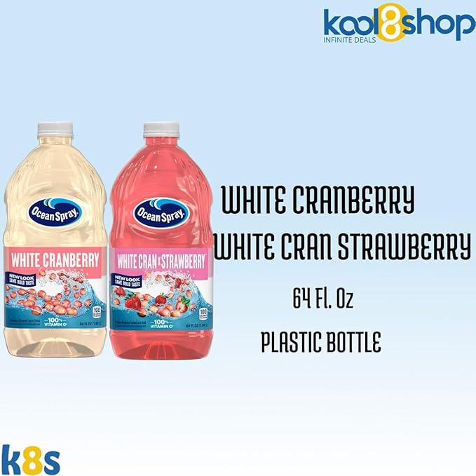Ocean Spray White Cran Strawberry and White Cranberry Juice Drink 64 fl oz Plastic Bottles 4 Pack + 15 Sugarcane Disposable Straws by KOOL8SHOP Infinite Deals