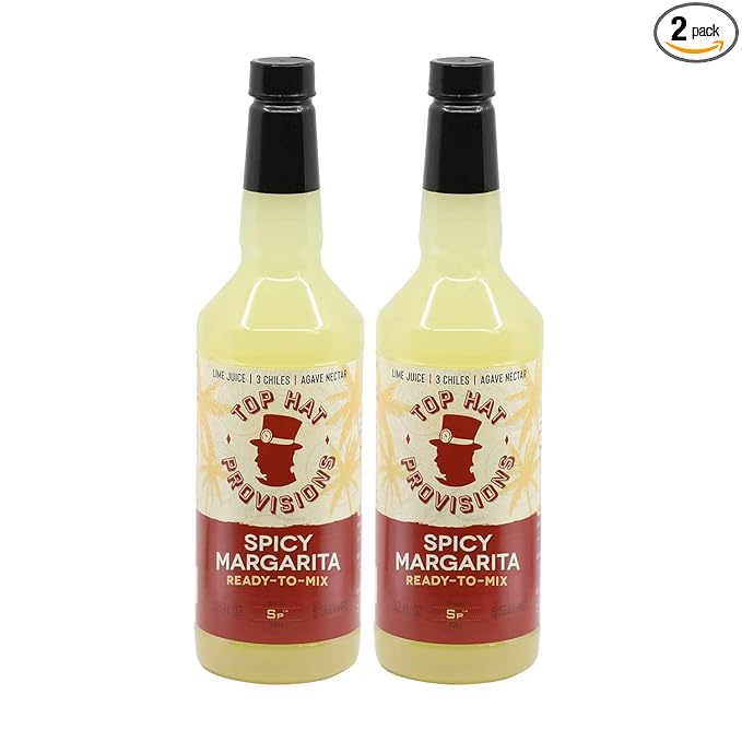 Top Hat Spicy Margarita Drink Mix - Handcrafted with 3 Chiles Pineapple Organic Agave Nectar &amp Organic Lime Juice - Low Calorie - 2 Pack of 32oz Bottles