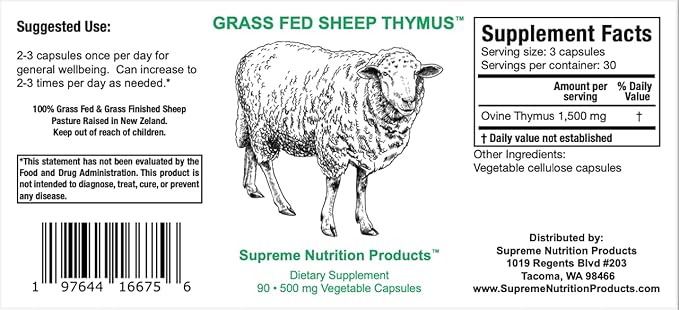 Supreme Nutrition Sheep Thymus - 100% Grass Fed and Finished in New Zealand 90 Capsules of Pure Ovine Thymus