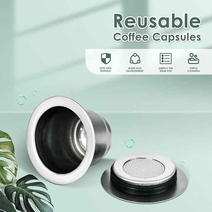 Reusable Coffee Capsules for Originales Stainless Steel Refillable Coffee Pods 2pcs Reutilisable Refillable Espresso Capsule(2 Cup+ Tamper+ Stainless Steel Spoon)