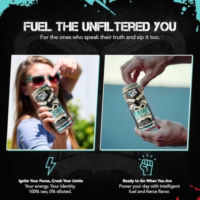 Ragin' Ape Renegade Energy Drink Multipack Vegan Friendly 12 oz Cans with Taurine Kanna and Caffeine Low Calorie Carbonated Beverage For Bold Clean Energy Fuel 24 Pack