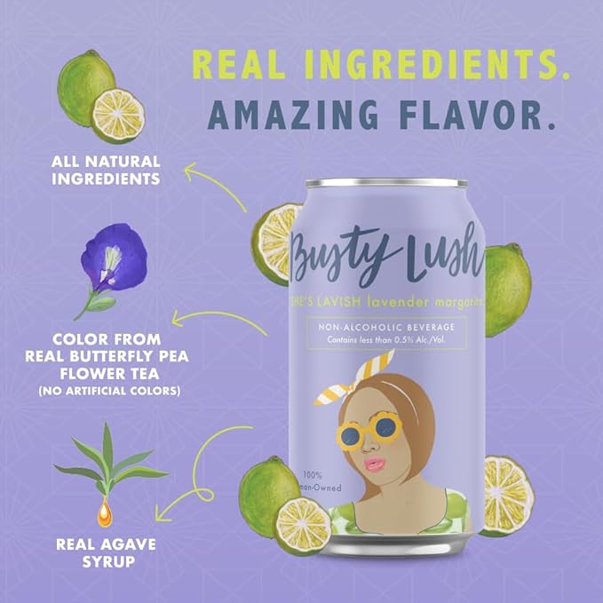 Busty Lush Craft Mocktails – Non-Alcoholic Sparkling Drinks Zero Proof Drinks Lavender Margarita Alcohol Alternative – Low Sugar &amp Low Calorie Ready to Drink | 12 oz (8-Pack)