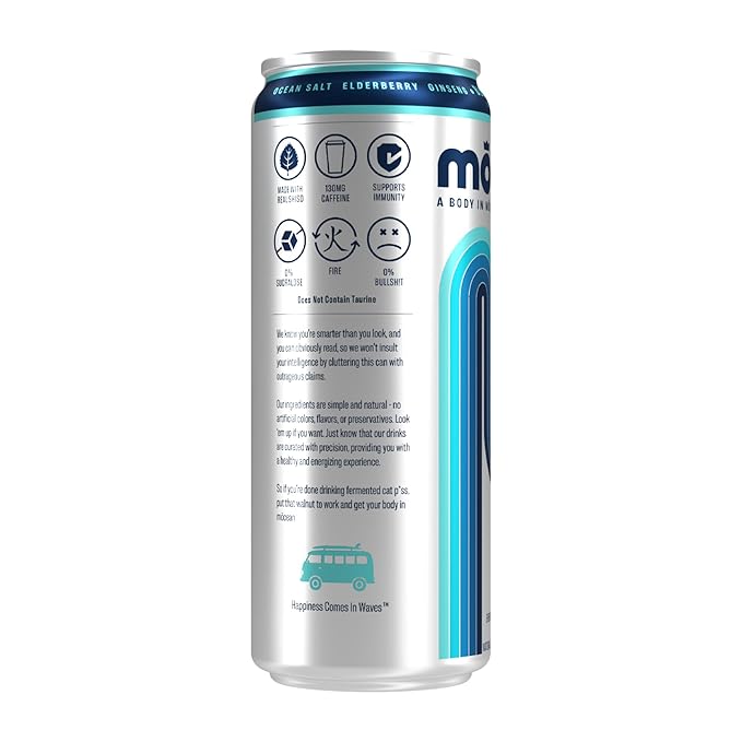 MŌCEAN Blueberry Pomegranate Energy Drink 12 fl oz (Pack of 12) Clean Adult Energy Drink with 130mg Caffeine Adaptogens &amp Minerals No Taurine No Sucralose No Candy Flavors
