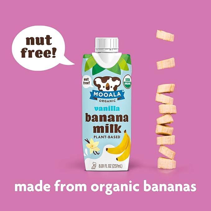 Mooala - Organic Vanilla Bananamilk Lunchbox Friendly Shelf-Stable Non-Dairy Nut-Free Plant-Based Beverage On the Go 12 Pack