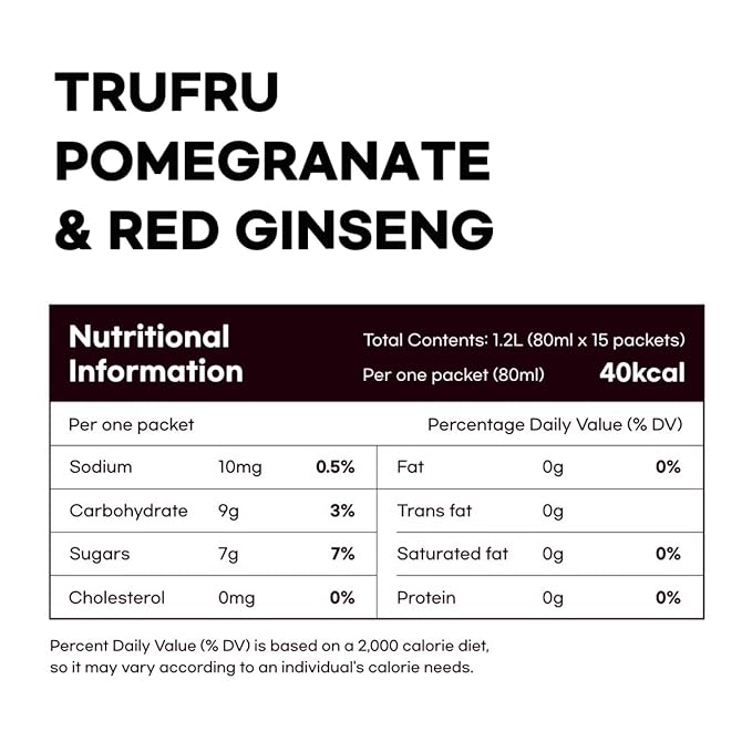 Korean Food Trufru Pomegranate &amp Red Ginseng Essence - All-Natural Zesty Vitality Shot Tart &amp Tangy Morning Boost 15 Individual Pouches (2.7 fl oz Each)