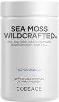 Codeage Raw Wildcrafted Irish Sea Moss Supplement Spirulina Algae Bladderwrack Seaweed Burdock Root Black Pepper Vegan Non-GMO 120 Capsules