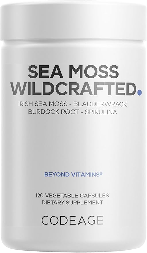 Codeage Raw Wildcrafted Irish Sea Moss Supplement Spirulina Algae Bladderwrack Seaweed Burdock Root Black Pepper Vegan Non-GMO 120 Capsules