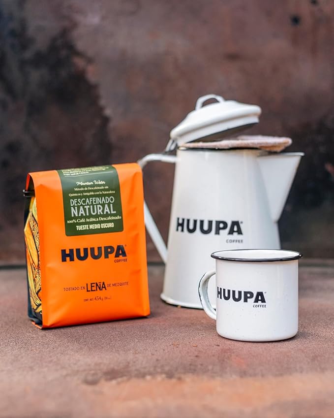 HUUPA Decaffeinated Coffee 100% Arabica Whole Bean Roasted with Mesquite Wood Smooth and Balanced Flavor Decaf 16 oz