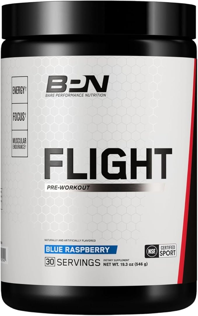 Bare Performance Nutrition BPN Flight Pre Workout Supports Energy and Mental Focus Improved Endurance &amp Muscle Pumps with CarnoSyn® Beta Alanine Blue Raspberry 30 Servings
