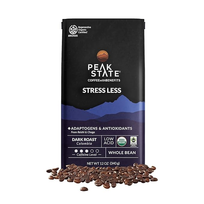 Peak State Stress Less Coffee with Benefits Dark Roast – Mushroom Coffee Low Acid &amp Smooth Full-Bodied &amp Deep Dark Chocolate Organic Whole Bean Coffee Gluten Free 12 oz. Each