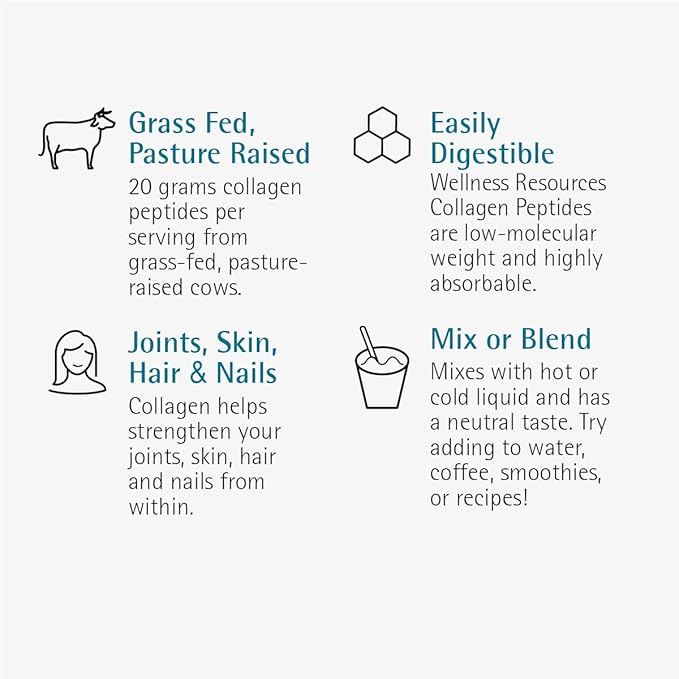 Wellness Resources Collagen Peptides - Pasture Raised Grass Fed 100% Collagen Protein - Hydrolyzed Type I and III Collagen Peptides Powder Unflavored (500 Grams/ 17.6 Ounces)