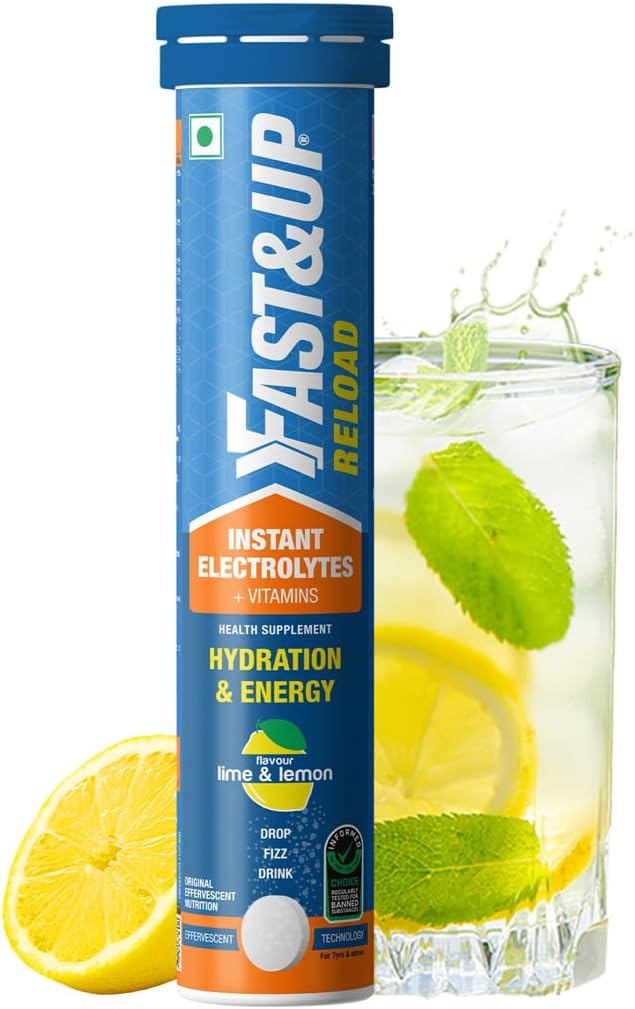 FAST&ampUP Reload - Electrolyte Energy Drink - Sports Nutrition Electrolyte Drink - Effervescent Tablets for Running &amp Cycling- 20 effervescent Tablets - Lime and Lemon Flavour